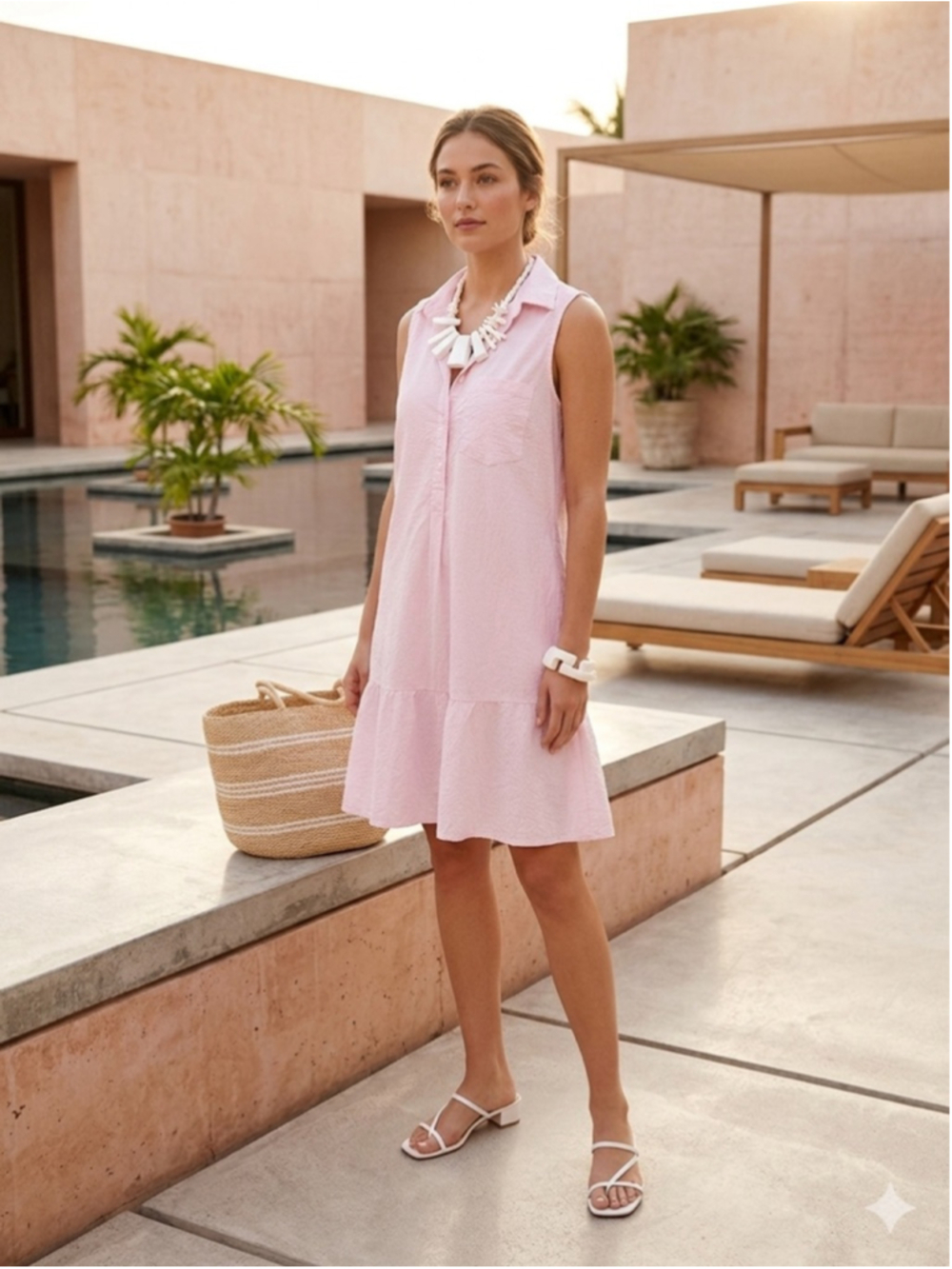 Beachlunchlounge Pink Cotton Sleeveless Shirt Dress Tiered Ruffle Pockets Sz S
